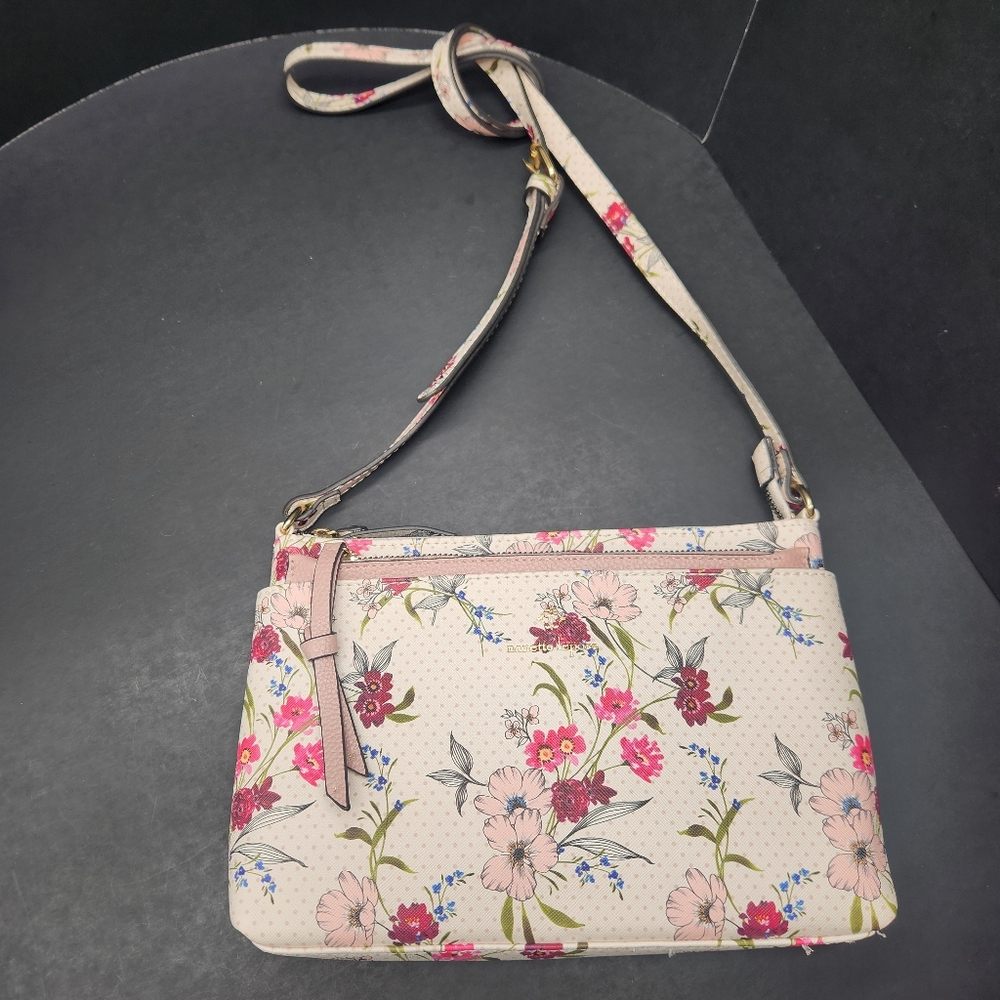 Nanette Lepore crossbody bag white floral polka dots vegan leather Mirabel pouch